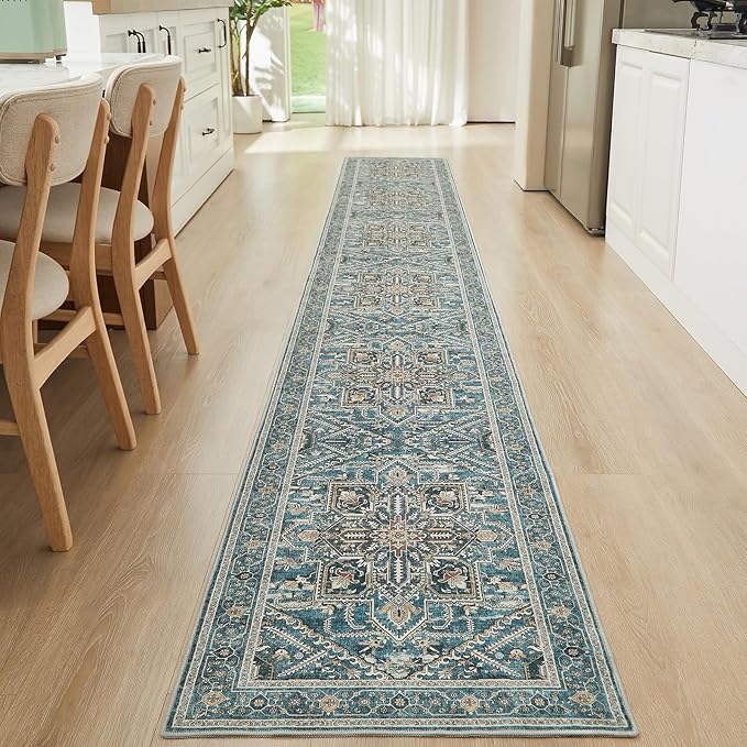 WITSHOCK Extra Long Runner Rug for Hallway 2x15: Washable Vintage Boho Low Pile Stain Resistant Foldable Carpet for Bedroom Entryway Indoor Entrance, Neutral Distressed Farmhouse Home Decor, Teal