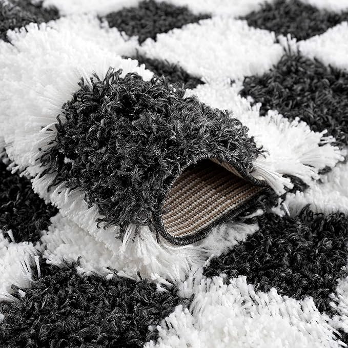 Hauteloom Atira Contemporary Checkered Fluffy Shag Area Rug - Modern Geometric Carpet Tiles for Living Room, Kids Room, Nursery - Plush Pile - White,Black - 4' x 6'