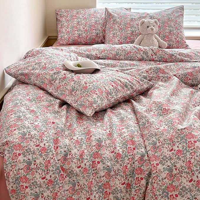 HighBuy Girl Duvet Cover Twin XL Pink Floral Bedding Set - Shabby Chic Boho Cotton Coquette Duvet Cover Set Twin Size - Comforter Cover Set,3 Piece Bed Set(1 Duvet Cover 68"x90" and 2 Pillow Shams)