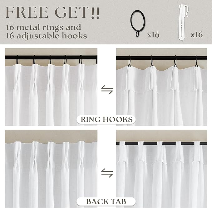 White Linen Curtains 80 Inches Long for Living Room Pinch Pleat Hooks for Living Room Back Tab Thick Linen Textured Pleated Drape Light Filtering Snow White Bedroom Window Curtain 80 Inch Length
