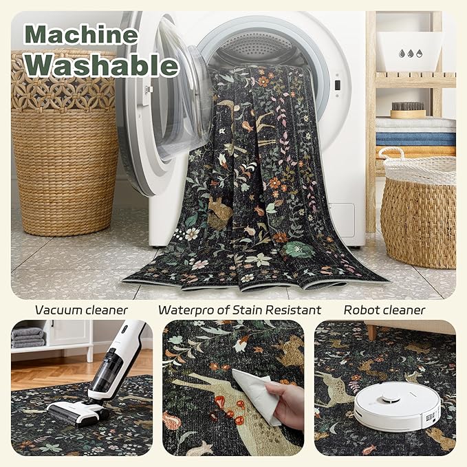 6x9 Area Rugs for Living Room Floral Animal Print Carpet Washable Non-Slip Large Rug Low Pile for Indoor Bedroom Dining Room Nursery Home Office Farmhouse Kids Play Room Black