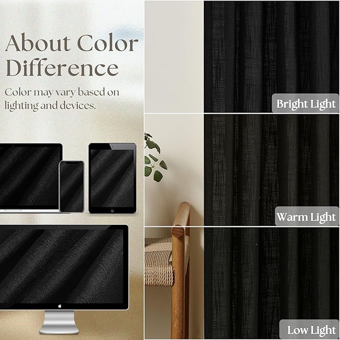 Black Linen Curtains Pinch Pleated 84 Inches Long for Living Room Bedroom Pleat with Rings Back Tab Semi Sheer Curtains 84 Inch Length 2 Panels Set Light Filtering Farmhouse Rustic Drapes