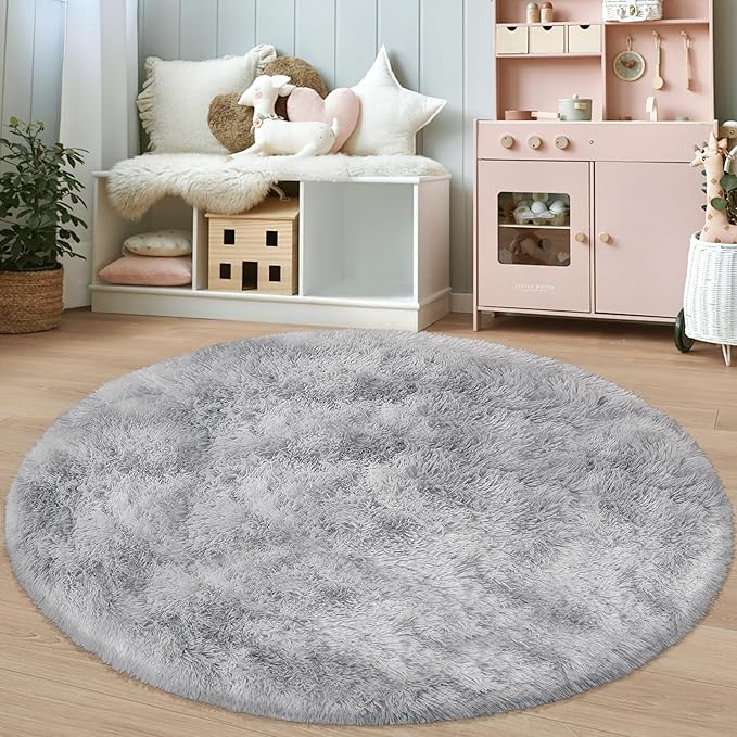 5 ft Round Fluffy Grey Rug for Bedroom,Tie Dyed Furry Round Carpet Non Slip Gray Fuzzy Shaggy Plush Circle Area Rug for Living Room Teen Room Nursery Room Playroom Kids Room Home Decor Washable
