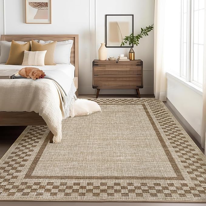 GarveeHome Washable Area Rug 4x6 Small Living Room Rugs Modern Bordered Soft Dining Room Throw Carpet Low Pile Non Slip Checkered Bedroom Rug Geometric Carpet for Nursery Kitchen Home Office, Taupe