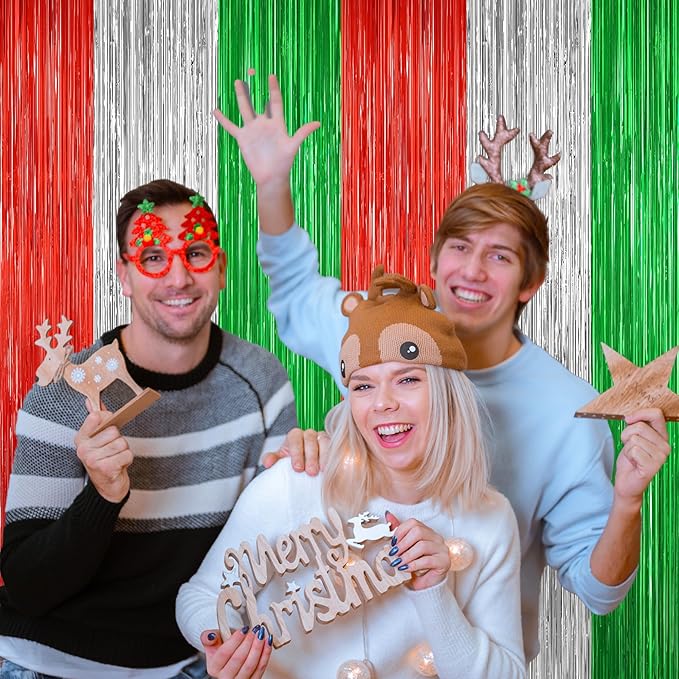 2 Pack Christmas Metallic Tinsel Foil Fringe Curtains, Door Streamers Photo Booth Backdrop for Birthday Party, Tinsel Curtain Backdrop for Christmas Theme Party Decorations, Red Silver and Green