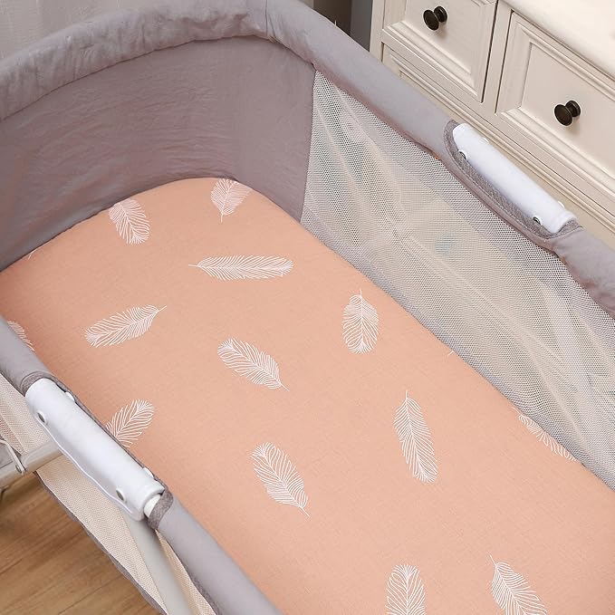 Onacosht Muslin Bassinet Sheets 3 Pack, 100% Cotton Baby Sheet 35" X 20" Compatiable with AMKE 3 in 1 Bassinets, MiClassic, Uiuwoo, Foalom, YADAQE, Milliard and TCBunny Bassinet, Pink and Feather