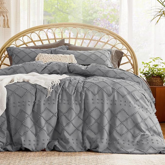 Bedsure Boho Duvet Cover King Size - Grey Breathable & Soft Boho Bedding, Machine Washable Comforter Cover for All Seasons, Includes 1 Duvet Cover 104"x90" with 2 Pillow Shams & Zipper Closure