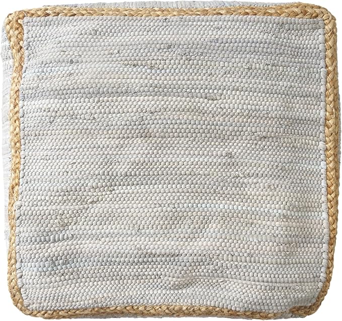 LR Home Gray Bordered Transitional Hand-Loomed All-Natural Cotton Pouf with Jute Braid | Farmhouse Cube Foot Rest for Bedroom & Living Room Decor | 18 x 18 x 18 Stuffed Ottoman for Seating