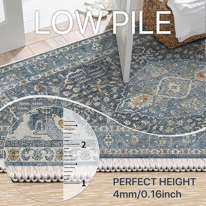 GENIMO Area Rug 6'x9', Vintage Large Rugs with Non-Slip Backing, Ultra-Thin Low Pile Soft Woven Fiber Carpet for Living Room, Bedroom, Dining Room, Nursery, Blue Black
