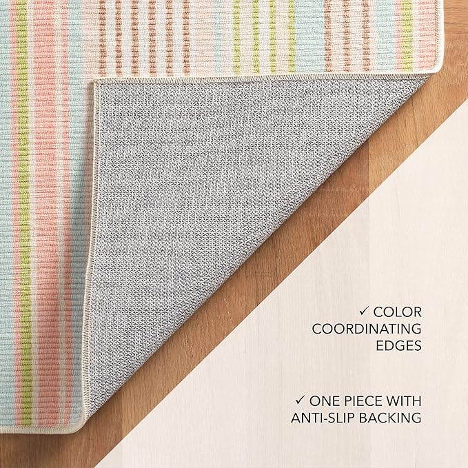 Dash and Albert Ana Ticking Machine Washable Area Rug - 6' x 9' Aqua Stripe Washable Accent Rug - Durable, High Traffic Area Kitchen, Hallway, Bedroom