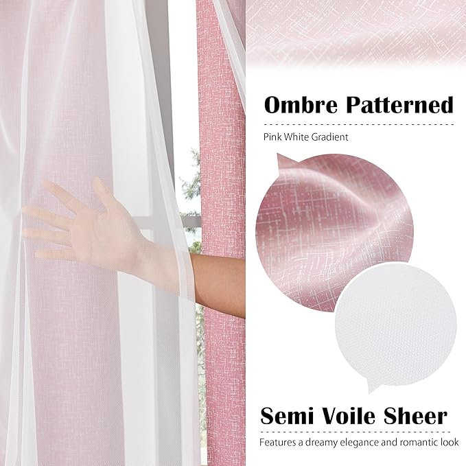 100% Blackout Curtains with Sheer Overlay Mix and Match Double Layer Drapes 96 Inch Long 2 Panels for Bedroom Living Room Pink White Ombre Grommet Window Treatment with Tiebacks