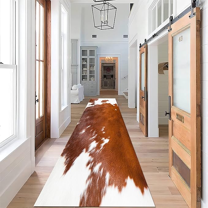 Runner Rug 2x4ft Cowhide Print White Soft Non-Slip Washable Floor Mats Wildlife Rug Hunter Lover Decorations Brown Carpet for Living Room Dining Room Hallway Entrance Rugs