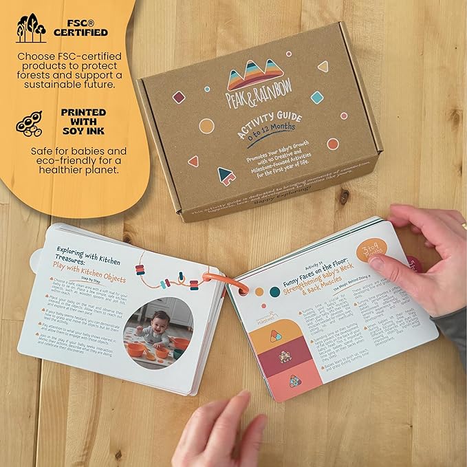 Montessori Baby Activity Cards 0-12 Months | 40+ Creative Playtime Activities to Stimulate Development for Babies| Includes High Contrast Cards and Tummy Time Mirror| Baby Must Haves| New Parent Gift