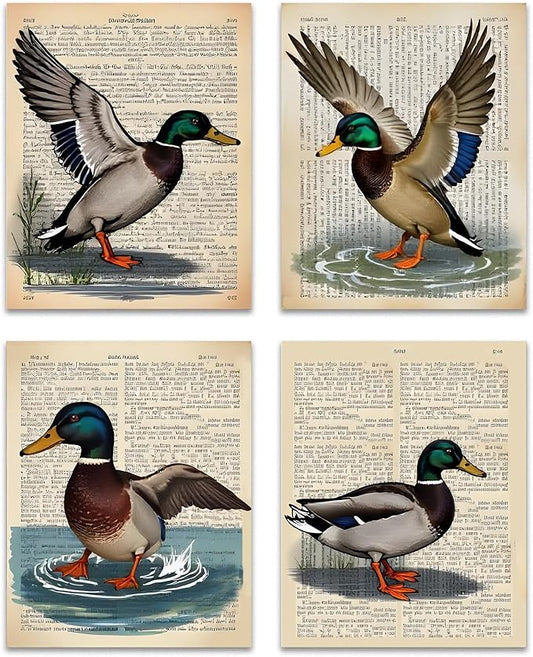 OFJE Vintage Mallard Duck Wall Art Decor Prints Set of 4, Retro Waterfowl Duck Hunting Wall Art Posters Decor for Home bedroom Living Room, 8x10 Unframed