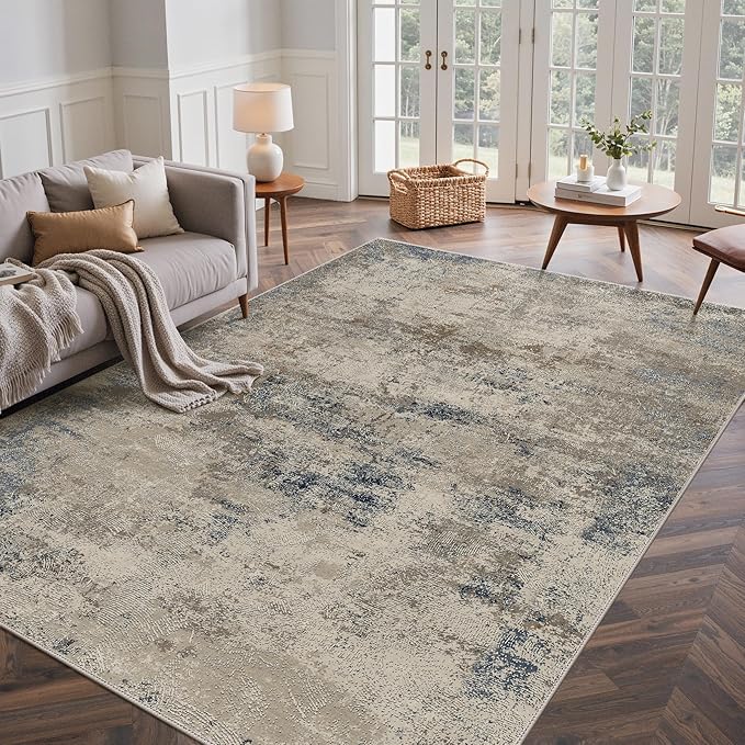 GENIMO Washable 5x7 Area Rugs for Living Room, Non Slip Modern Abstract Rug, Machine Washable Stain Resistant Low Pile Soft Carpet for Bedroom, Dining, Office, Grey Beige