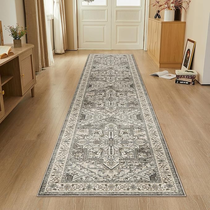 WITSHOCK Extra Long Runner Rug for Hallway 3x14: Washable Vintage Boho Soft Non-Slip Low Pile Stain Resistant Foldable Carpet for Bedroom Entryway, Distressed Farmhouse Floral Home Decor, Brown/Lvory