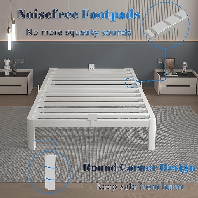 White 10 Inch Twin Bed Frames, Metal Bed Frame Twin Size with Anti-Slip Baffles, No Box Spring Needed, Rounded Corner Legs, Heavy Duty Steel Platform Support, Noise Free, Storage Space