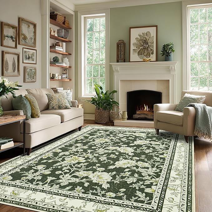Olive Green Floral Print Area Rugs for Bedroom Living Room Boho Farmhouse Country Rustic Dining Room Carpet Soft Washable Rugs Non Slip Floor Covering for Nursery Playroom 7x9
