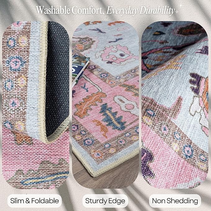 Fame Rugs Pink Beige Modern Oushak Rug 2'6"x7', Washable Vintage Turkish Colorful Oriental Antique Inspired Foldable Small Runner Rugs, Luxury Living Room Bedroom (390PP, 2'6" x 7')