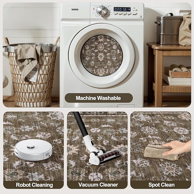 Tangsoo 2x6 Washable Runner Rug for Hallway, Non Slip Boho Vintage Brown Floral Rug Runner for Kitchen Entryway, Distressed Floor Carpet Soft Low Pile Indoor Mat for Bedroom Bathroom Laundry