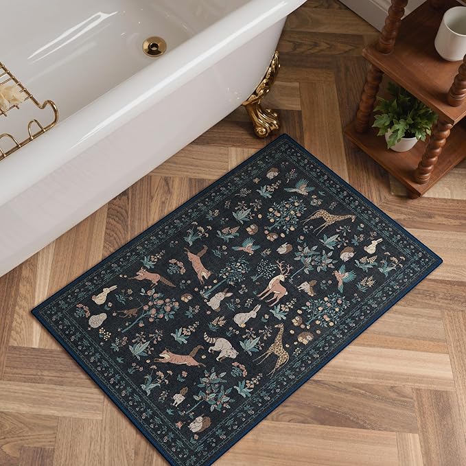 Door Mat Indoor Entrance 2x3 Floral Animal Print Rug Machine Washable Rug, Non Slip Low Pile Throw Indoor Doormat for Entryway, Front Door, Nursery, Black