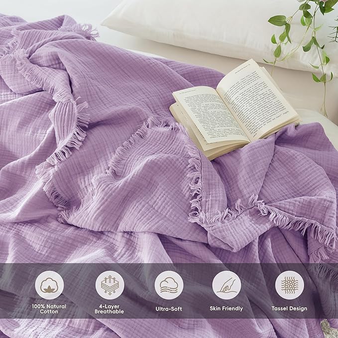 MooMee Muslin Blanket - 100% Cotton 4-Layer Gauze Throw Blanket with Tassels Ultra-Soft Breathable Lightweight Cooling for Bed Couch (Light Purple,Oversize Queen 98" x 98")