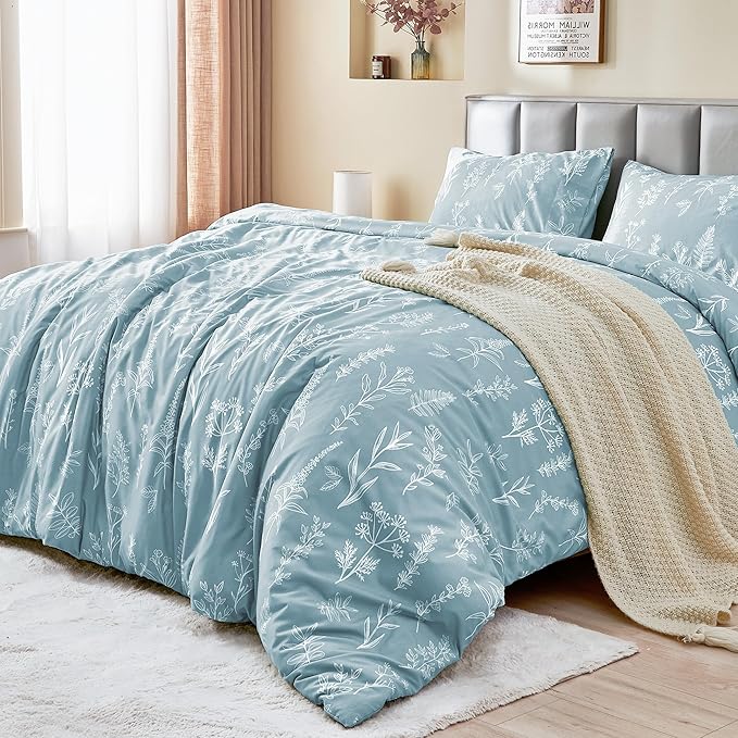 MUXHOMO Duvet Cover Queen Size, Reversible Floral Mineral Blue Duvet Cover Set with Zipper Closure, 3 Pieces Botanical Patterns Soft Microfiber Bedding Set with 4 Ties (90"x90", 2 Pillow Cases)