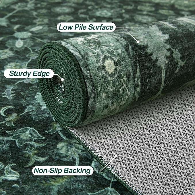 Tangsoo Green Washable Entry Rug, 2x3 Small Area Throw Rugs for Entryway Non Slip, Distressed Vintage Floral Thin Rug for Kitchen Bedroom, Low Pile Floor Carpet Front Door Mat for Entrance Foyer Decor