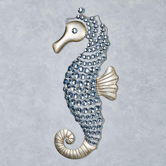 Touch of Class Seahorse Gems Wall Art - Platinum Metal, Aqua Blue Gems - Ocean Theme Wall Decor - Sparkling Accent - Unique Wall Piece for Bathroom, Sunroom, Bedroom, Nursery