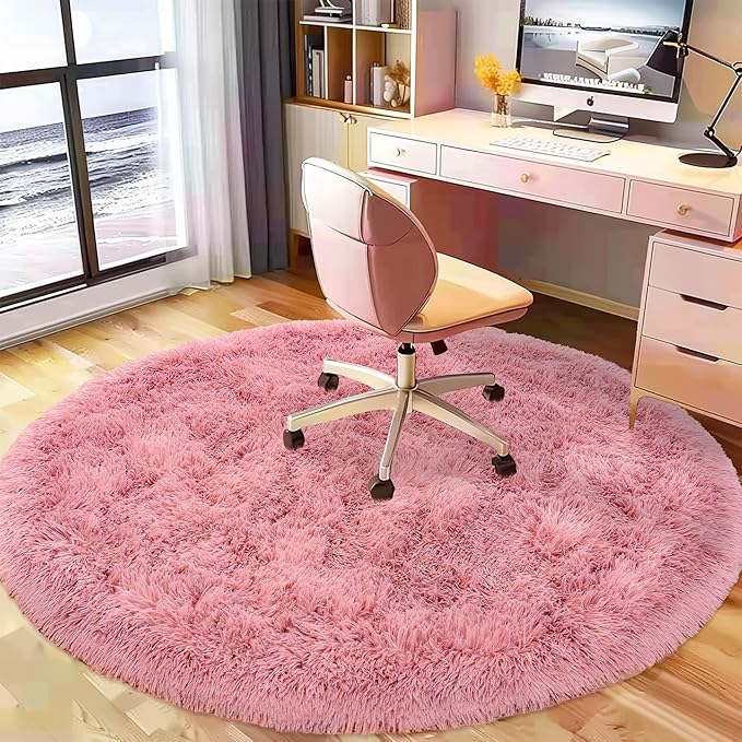Fluffy Rug 5ft Round Blush Super Soft Area Rugs for Kids Room