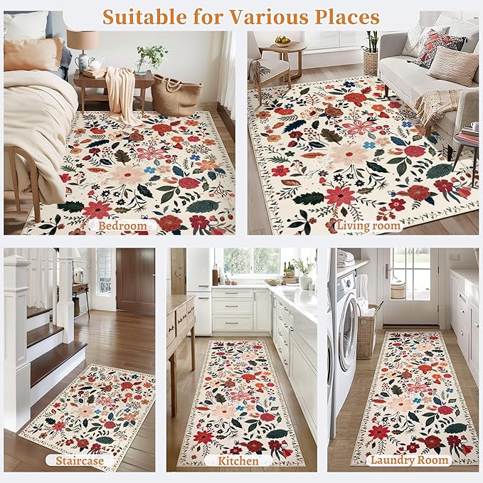Tangsoo 2x3 Small Area Rug for Entryway, Non Slip Machine Washable Boho Floral Entry Rug, Soft Low Pile Throw Rugs Door Mat Indoor Entrance Floor Carpet for Bedroom Kitchen Bathroom, Kids Room(Beige)