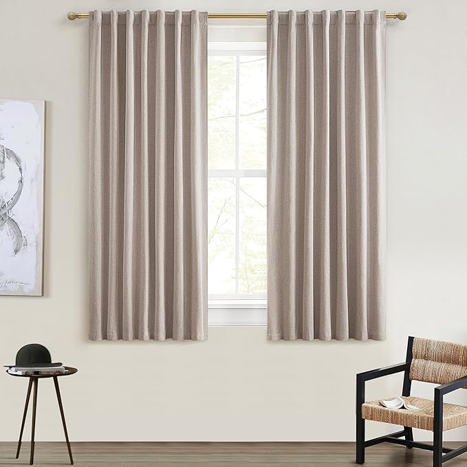 Black Out Linen Boho Curtains 63 Inch Long, Living/Bedroom Curtains 63 Inches Length 2 Panels Set Drapes for 64"Window Energy Saving Noise Reducing Nursery (50"W x 63"L) Back Tab,Hook Belt
