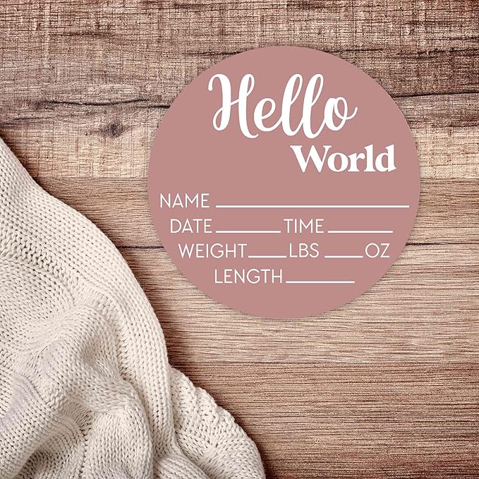 Hello World Newborn Sign - Baby Name Birth Announcement Plaque for Hospital - Photo Prop - Desert Rose Pink Nursery Decor - Shower Gift