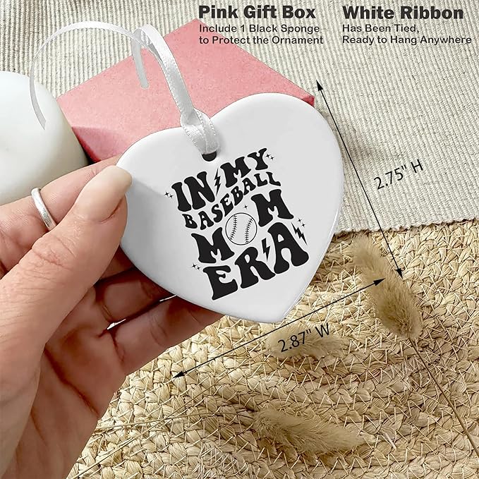 Heart Shaped Christmas Ornament-Baseball Mom Gift-Game Day Keepsake for Mother Mama-Sports Coach Appreciation Present-Birthday or Mother's Day Ceramic Ornament-Home Decor in My Baseball Mom Era