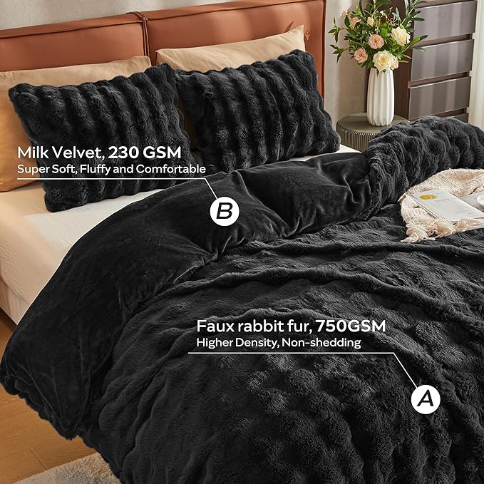 JELLYMONI Plush Duvet Cover Set - King Size Black Faux Fur Comforter Cover 3pcs Bedding Set Luxury Ultra Soft Striped Fluffy Duvet Cover with Zipper and 2 Pillowcases (NO Comforter)
