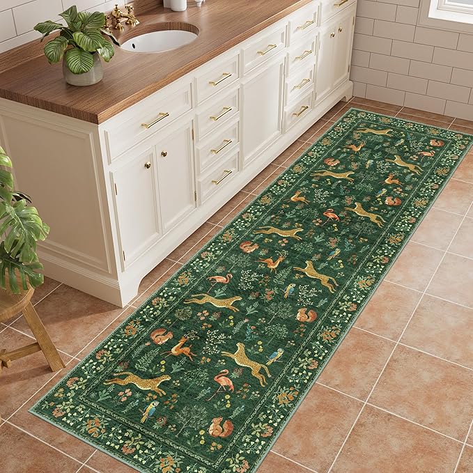 DUKINO 2x6 Rug for Hallway, Washable Kitchen Runner Rug with Non Slip Backing, Soft Low Pile Vintage Animal Runner for Bedroom, Kitchen, Hallway, Entryway, Laundry, Green
