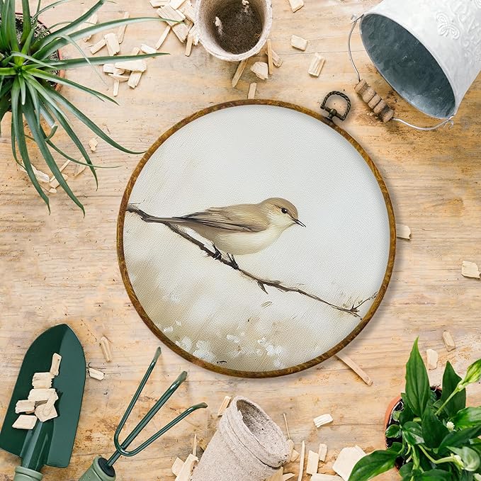 Hiuwevt Neutral Bird Round Wall Art Decor, Minimalist Cottagecore Bird Beige Hanging Canvas Prints Artwork Framed, Rustic Nature Circular Wall Decor for Home Bedroom Living Room, 10x10 Inch