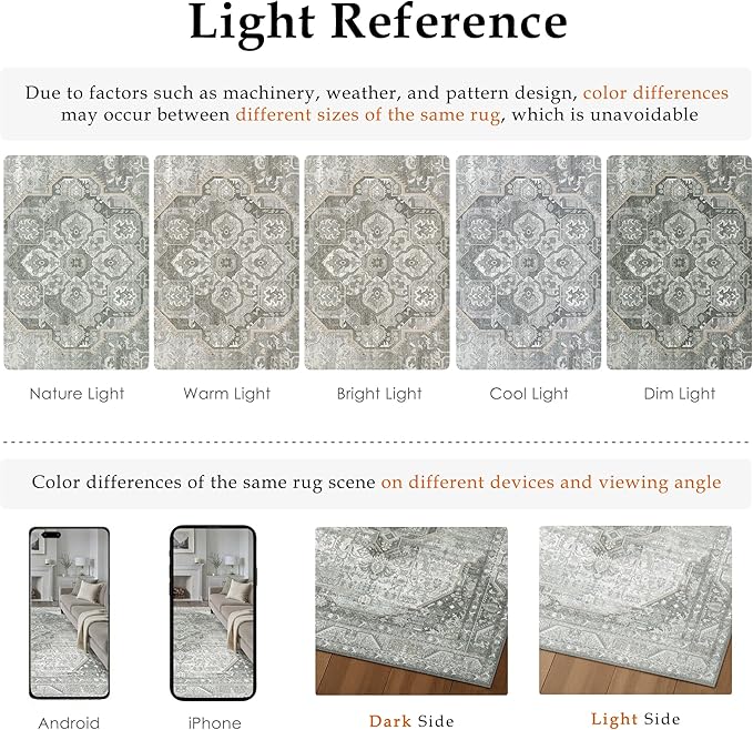 8x10 Grey Washable Vintage Area Rug for Living Room Bedroom Non Slip Distressed Traditional Soft Large Throw Rug Low Pile Lightweight Floral Carpet Office Indoor Classroom Dining Room