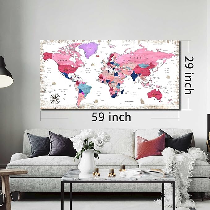 ZHAOSHOP Large World Map Canvas Wall-Art - Wall Decor For Girls Bedroom - Pink pictures Wall Decor Ready To Hang Size 59" x 29"