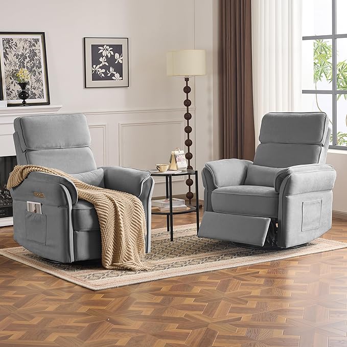 MELLCOM Power Recliner Rocking Chair Nursery Gliders with Adjustable Armrests and Headrest, Swivel Electric Glider Reclining Nursing Chair with USB Port and Storage Bags, FSC Certified