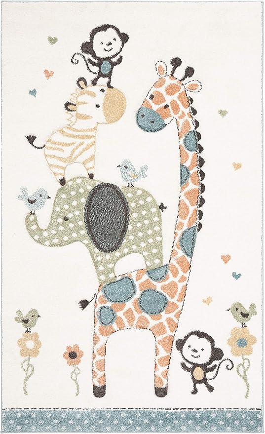 SAFAVIEH Carousel Kids Collection Accent Rug - 2'3" x 4', Ivory, Animal Design, Non-Shedding & Easy Care, Ideal for High Traffic Areas for Boys & Girls in Playroom, Nursery, Bedroom (CRK120A)