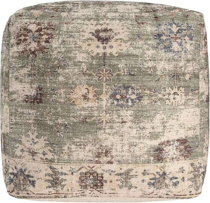LR Home Grace Vintage Floral Sage Green Square Indoor Medium Pouf Ottoman | Power-Loomed Polyester Pouf Foot Rest for Bedroom & Living Room Decor | 18 x 18 x 18 Stuffed Ottoman for Seating