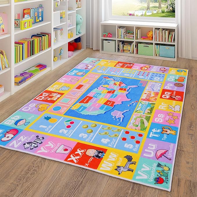 Kids Rugs for Playroom - Soft & Non-Slip 7x9 Feet Educational Rug for Learning ABC Alphabet, Numbers, Shapes & Map, Washable Classroom Rug for Toddler Nursery & Kids Room Decor