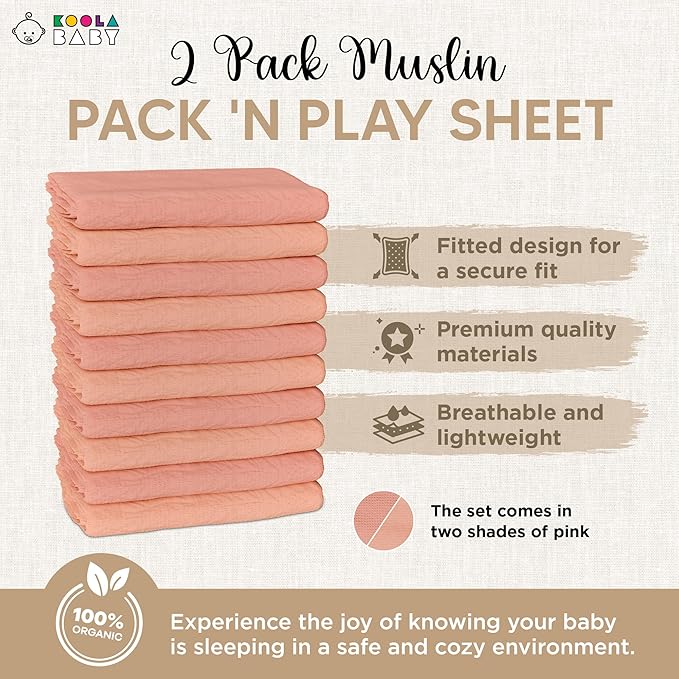 Pack and Play Sheets Fitted - Portable Mini Crib Mattress Sheet for Boys & Girls - Soft Muslin Cotton Playard Sheets - Play Yard Mattress Cover - Fits Most Pack n Play - Safe and Snug for Baby 2 Pack