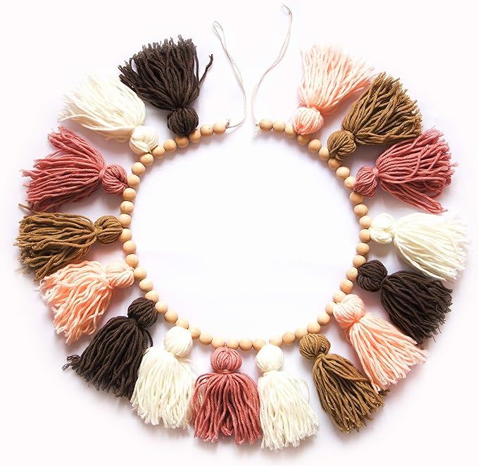 Decocove Tassel Garland - Boho Tassel Garland with Wood Beads - Wall Decor for Dorm, Girls Room and Nursery Room (43 inch) - Blush and Terra Cotta