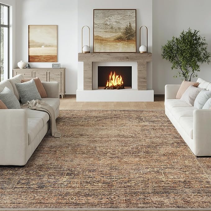 FMFUNCTEX 8x10 Washable Area Rug Rust Brown Vintage Neutral Distressed Oriental Large Non Slip Carpet for Living Room Bedroom Soft Low Pile Indoor Mat Retro Rug for Dining Room Kitchen Office Nursery