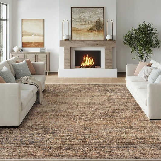 FMFUNCTEX 8x10 Washable Area Rug Rust Brown Vintage Neutral Distressed Oriental Large Non Slip Carpet for Living Room Bedroom Soft Low Pile Indoor Mat Retro Rug for Dining Room Kitchen Office Nursery