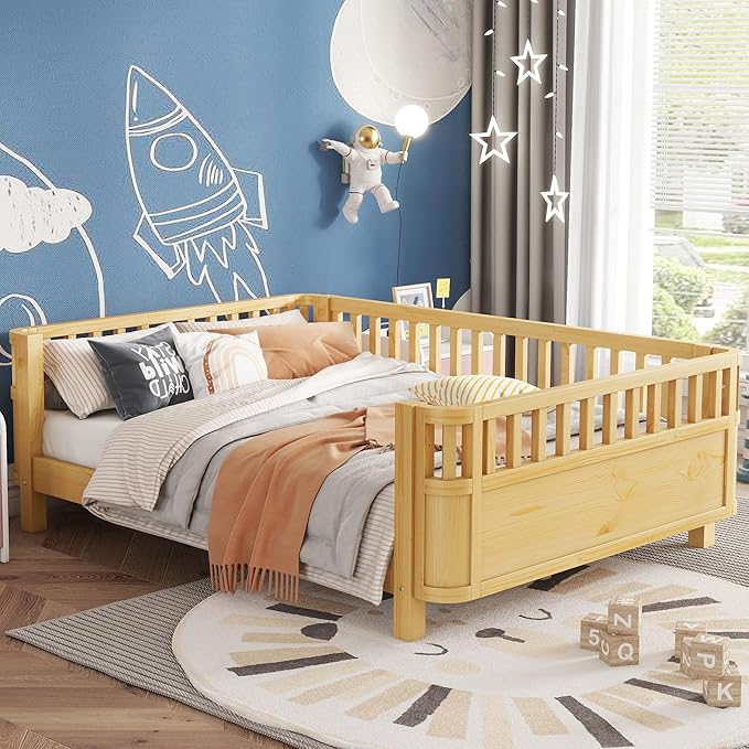 KEIKI Full Size Wooden Floor Bed, Montessori Platform Bed Frame with Low Profile & Safety Rails, Space Saving Kids Beds for Boys Girls Bedroom, No Box Spring Needed, Easy Assembly, Noise Free, Brown