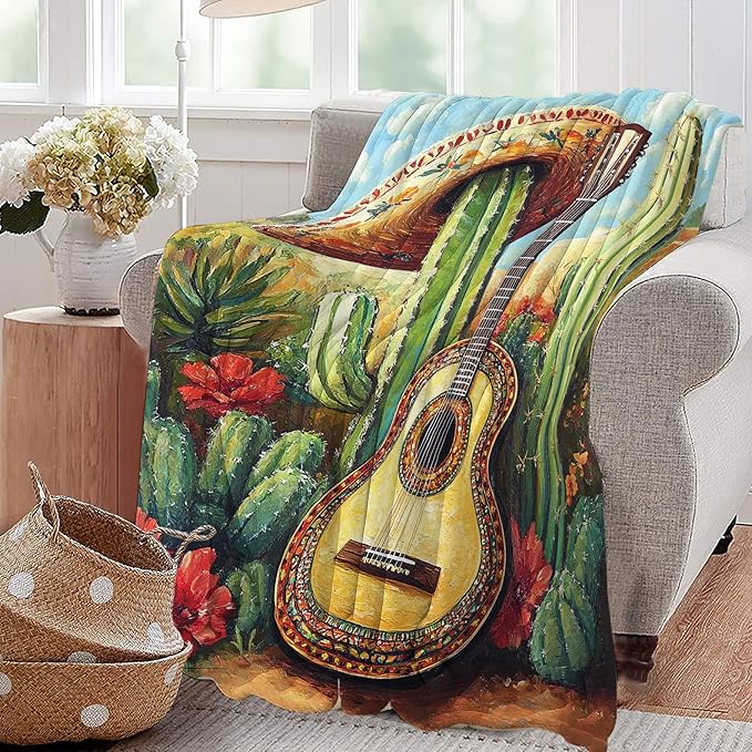 Mexican Blanket Cactus Guitar Decor Throw Blanket Super Soft Flannel Lightweight Fluffy Plush Cozy Fuzzy Fleece Cowboy Western Gifts Blanket for Kids Boys Adults Man for Bed Sofa 40"X50"
