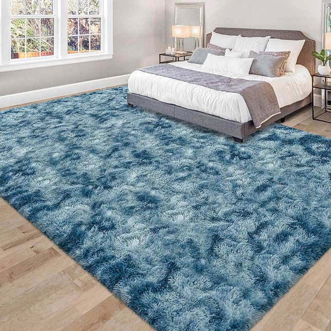 Modern Plush Shaggy 8x10 Large Rug for Living Room Tie Dyed Blue Fluffy Fuzzy Area Rug for Bedroom Aesthetic Big Shag Carpet for Nursery, Playroom, Kids Boys Girls Room